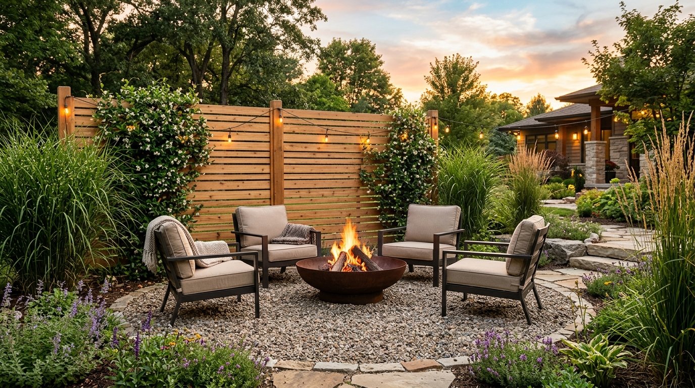 Backyard gravel fire pit patio sheltered by a horizontal cedar slat privacy screen with climbing greenery