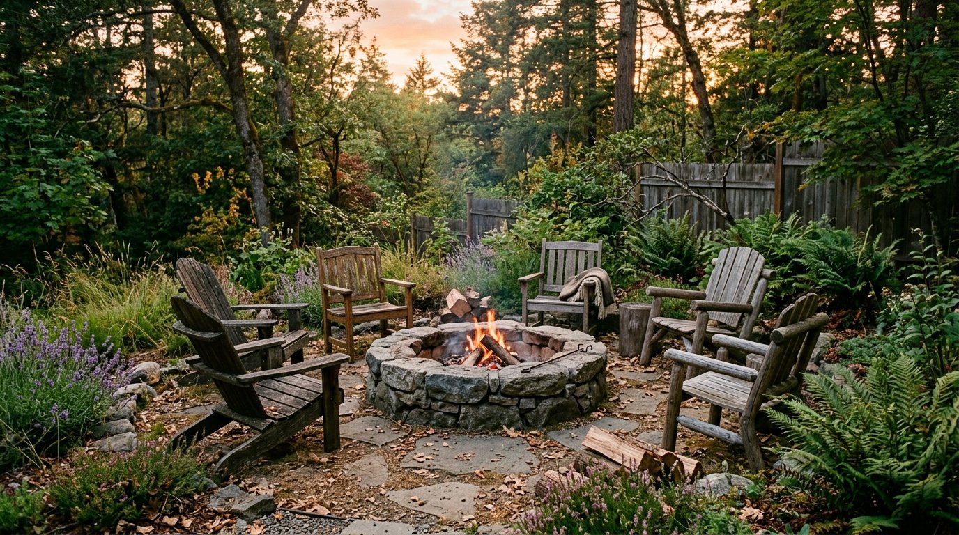 Rustic fieldstone fire pit surrounded by mismatched natural wood chairs in a lush informal garden setting