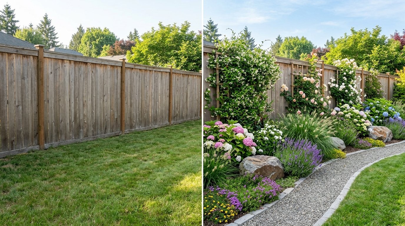 Before and after view of a bare wooden fence transformed with climbing roses, trellises, hydrangeas, and layered flower borders