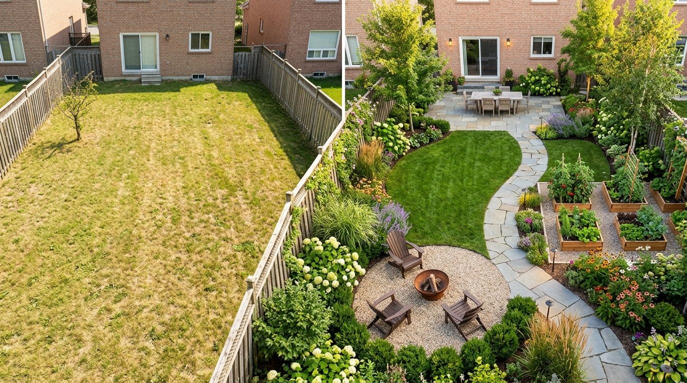 Complete before and after backyard landscape redesign featuring connected functional zones including dining patio, lawn, vegetable beds, and fire pit