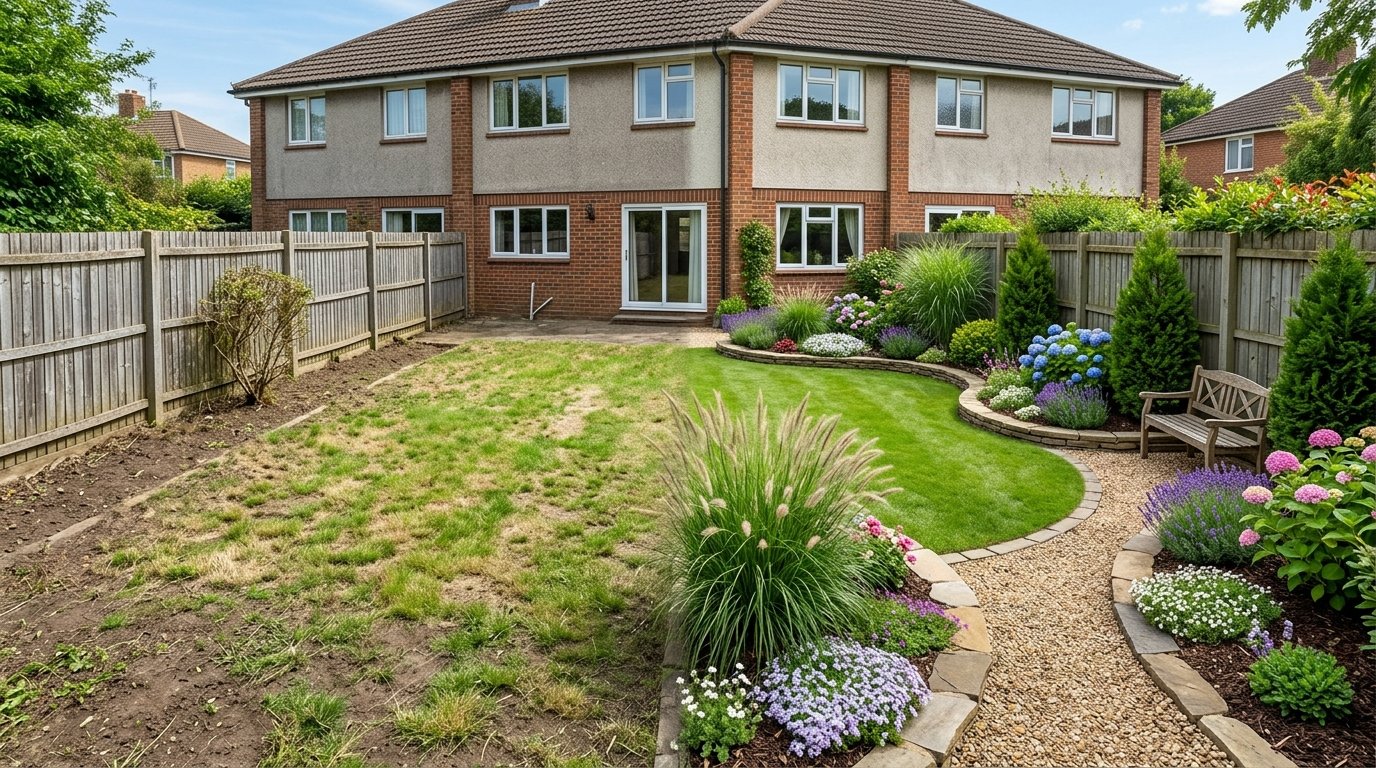 Before and after comparison of a flat bare lawn transformed into a lush layered garden with curved flower beds and a gravel path