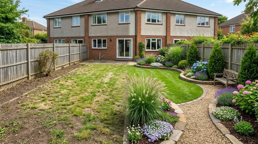 Before and after comparison of a flat bare lawn transformed into a lush layered garden with curved flower beds and a gravel path