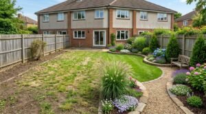 Before and after comparison of a flat bare lawn transformed into a lush layered garden with curved flower beds and a gravel path