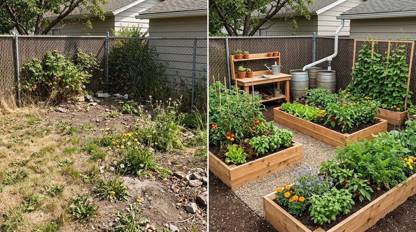 Before and after transformation of a neglected backyard corner into a productive raised cedar vegetable and herb garden
