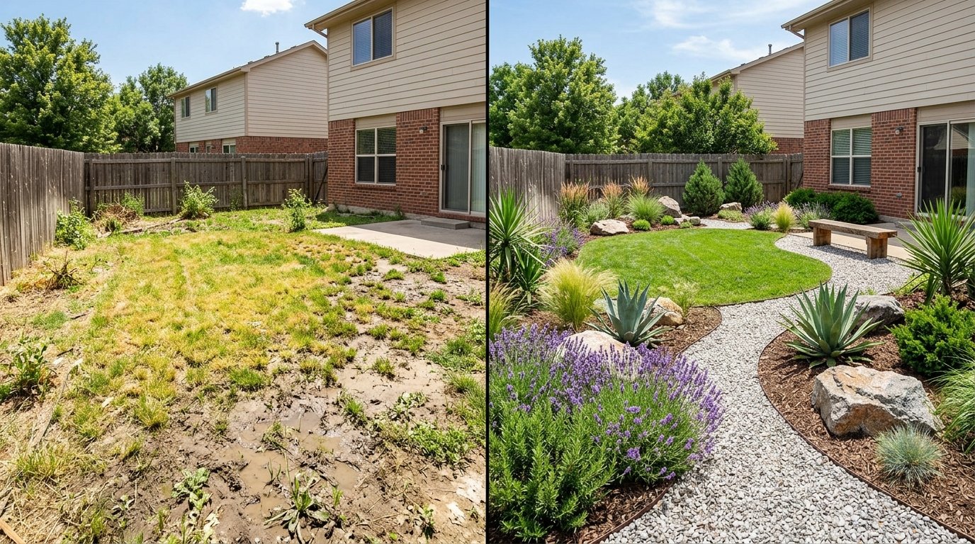Before and after transformation of a patchy yellow lawn into a drought-tolerant landscape with gravel, boulders, lavender, and succulents