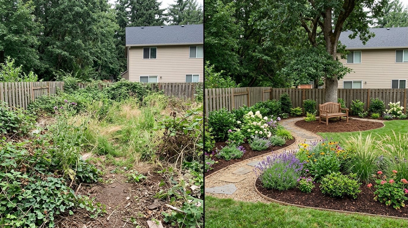 Before and after comparison of an overgrown weedy yard cleared and redesigned with curved mulched planting beds and a stone path