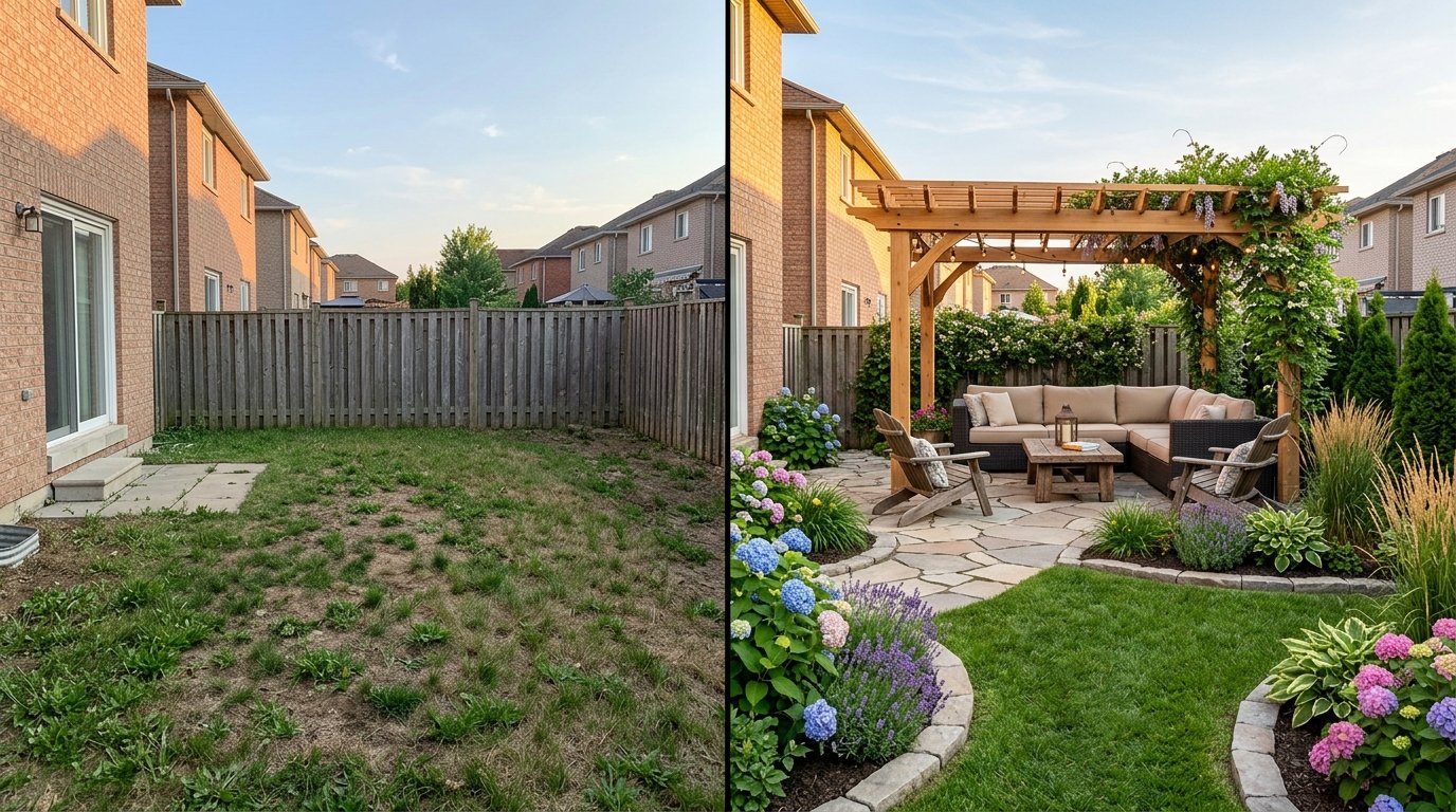 Before and after comparison of an open lawn updated with a wooden cedar pergola, outdoor sectional lounge, and flagstone patio