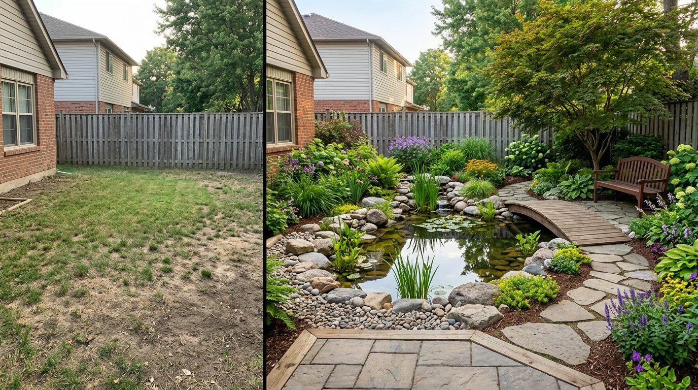 Before and after transformation of a bare yard featuring a natural stone garden pond with a wooden footbridge and lush aquatic plants
