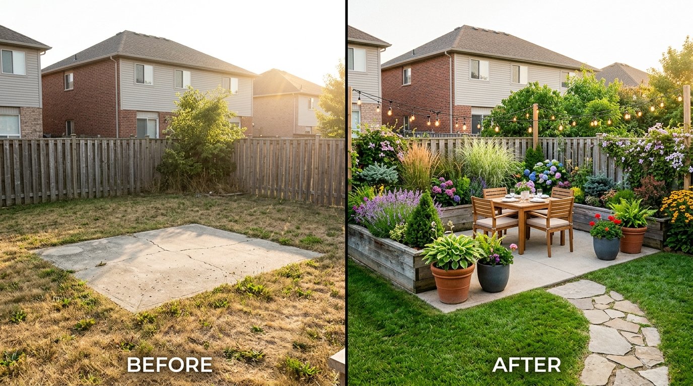 Before and after makeover of a plain concrete slab patio transformed into an inviting outdoor dining garden with planters and string lights