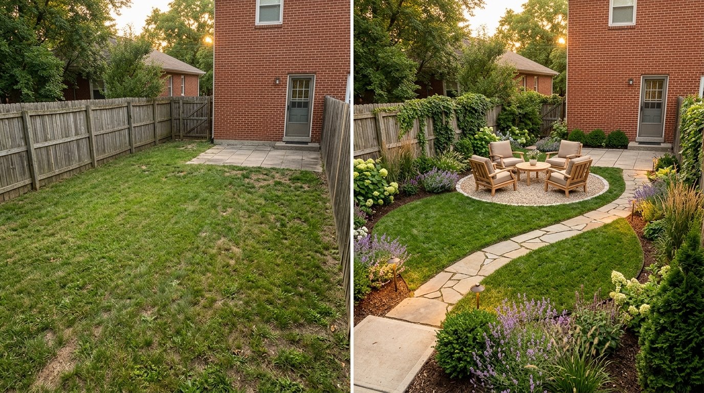 Before and after view of an empty lawn transformed with a circular gravel patio, wooden lounge chairs, and curved flower borders