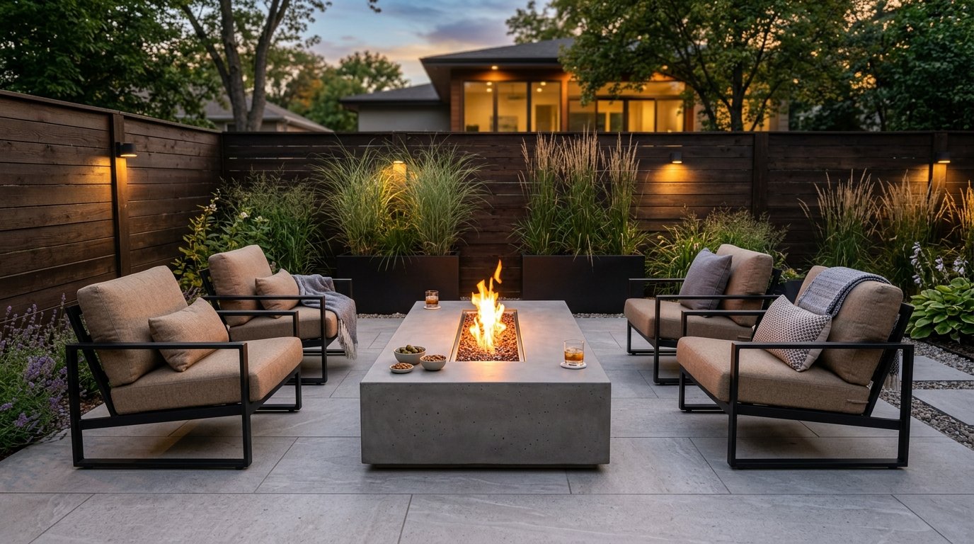 Contemporary patio featuring a rectangular concrete fire pit table with a broad drink ledge and deep lounge chairs