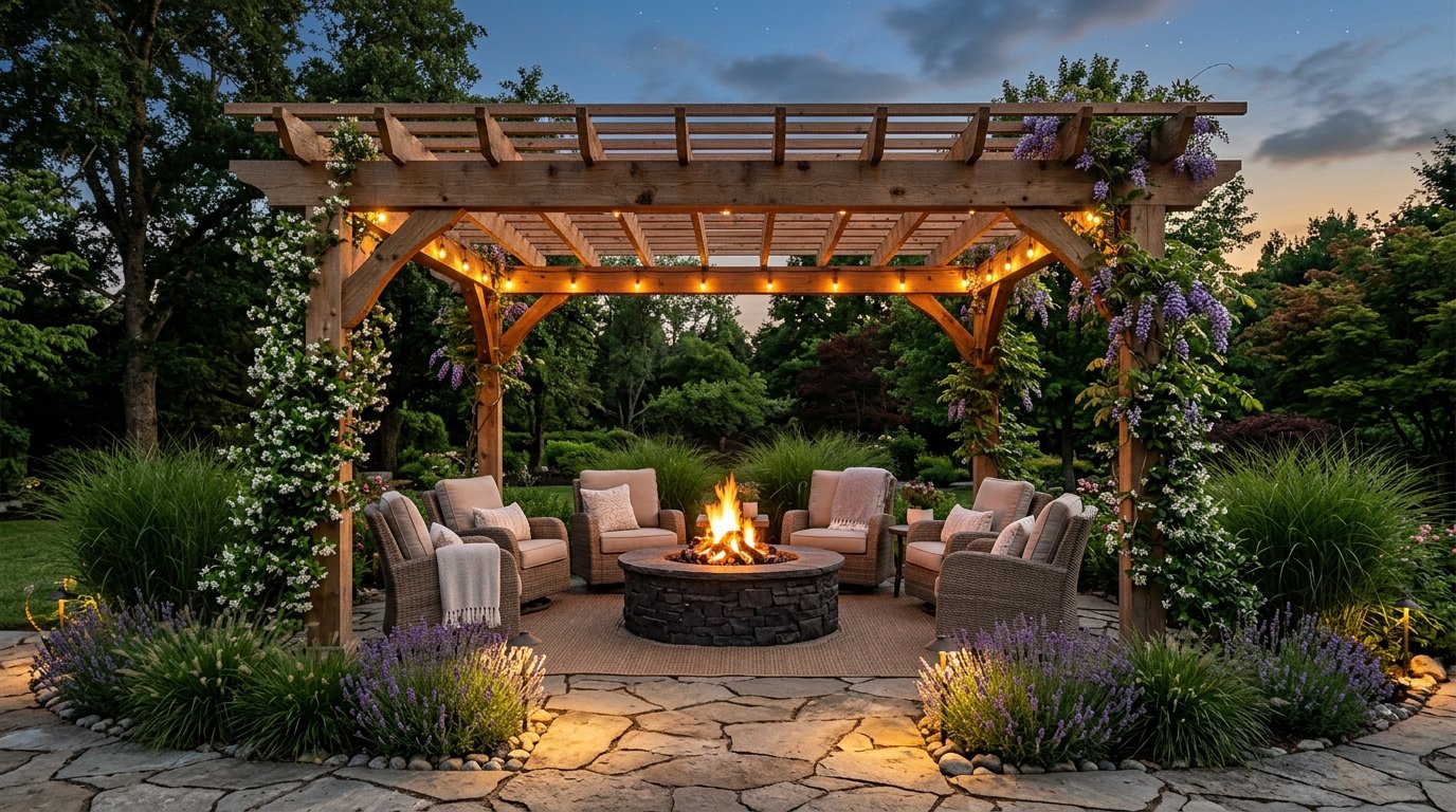 Open-sided wooden pergola covering a stone fire pit patio with comfortable wicker lounge chairs and climbing vines