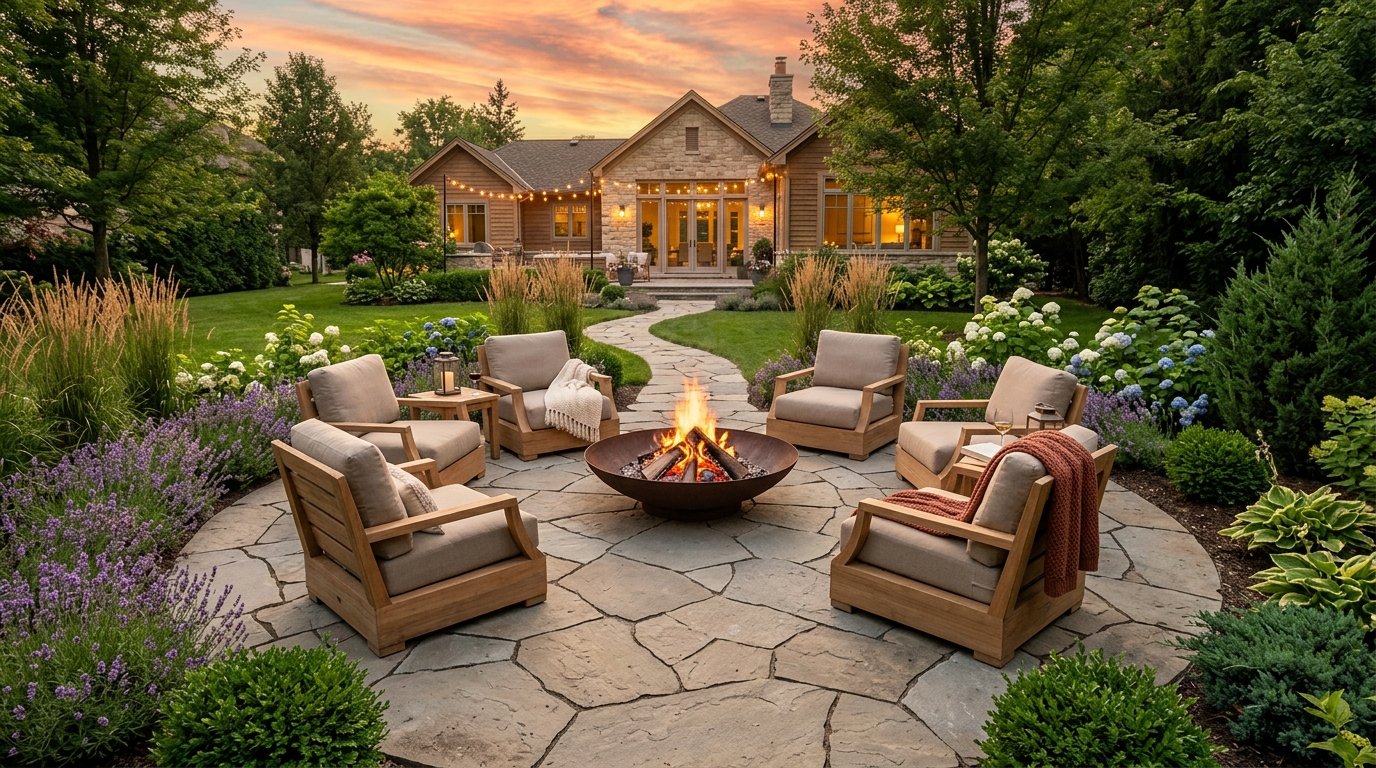Upscale circular flagstone patio featuring a steel fire bowl surrounded by deep cushioned lounge chairs and garden beds