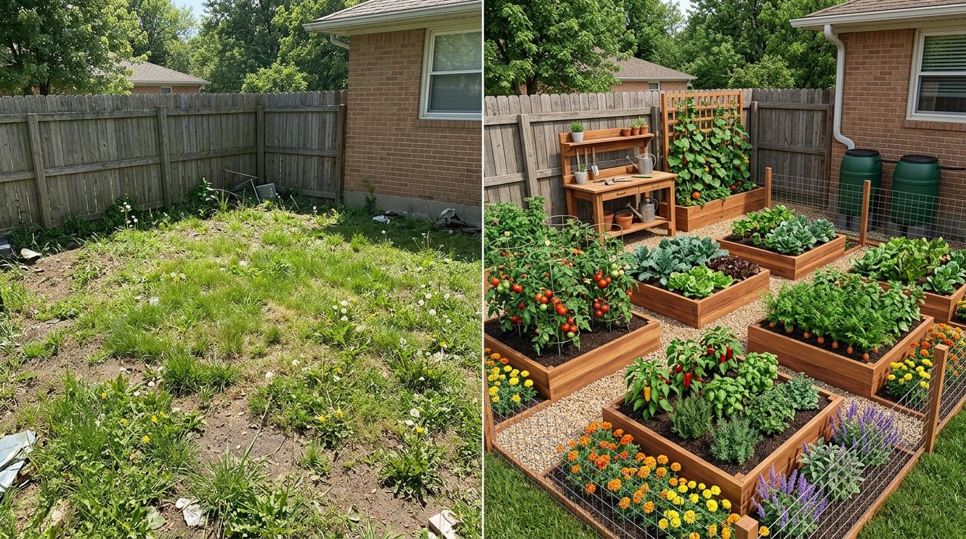 Before and after transformation of a grassy corner into an organized kitchen garden with six raised vegetable beds and gravel pathways