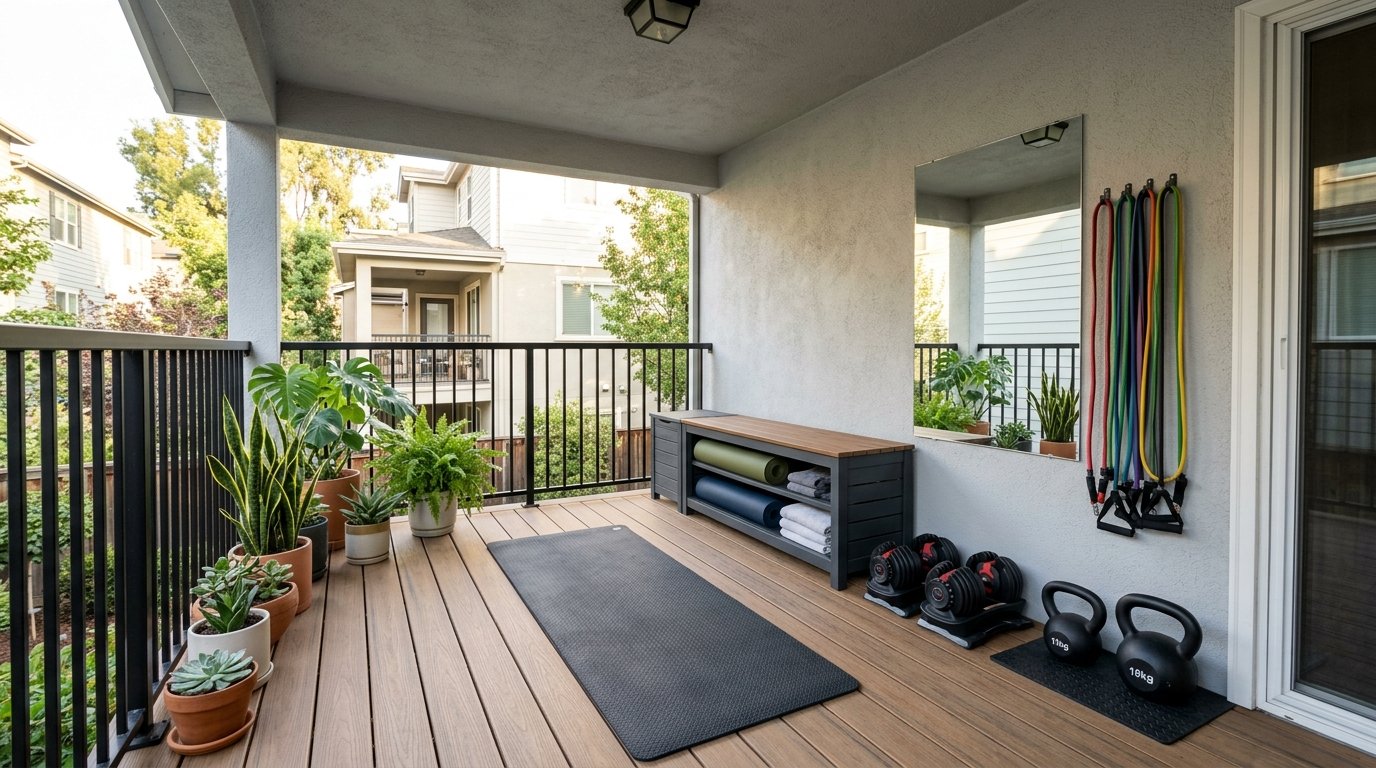 Covered apartment balcony converted into an outdoor workout space with weather-resistant mat, bench storage, and weights