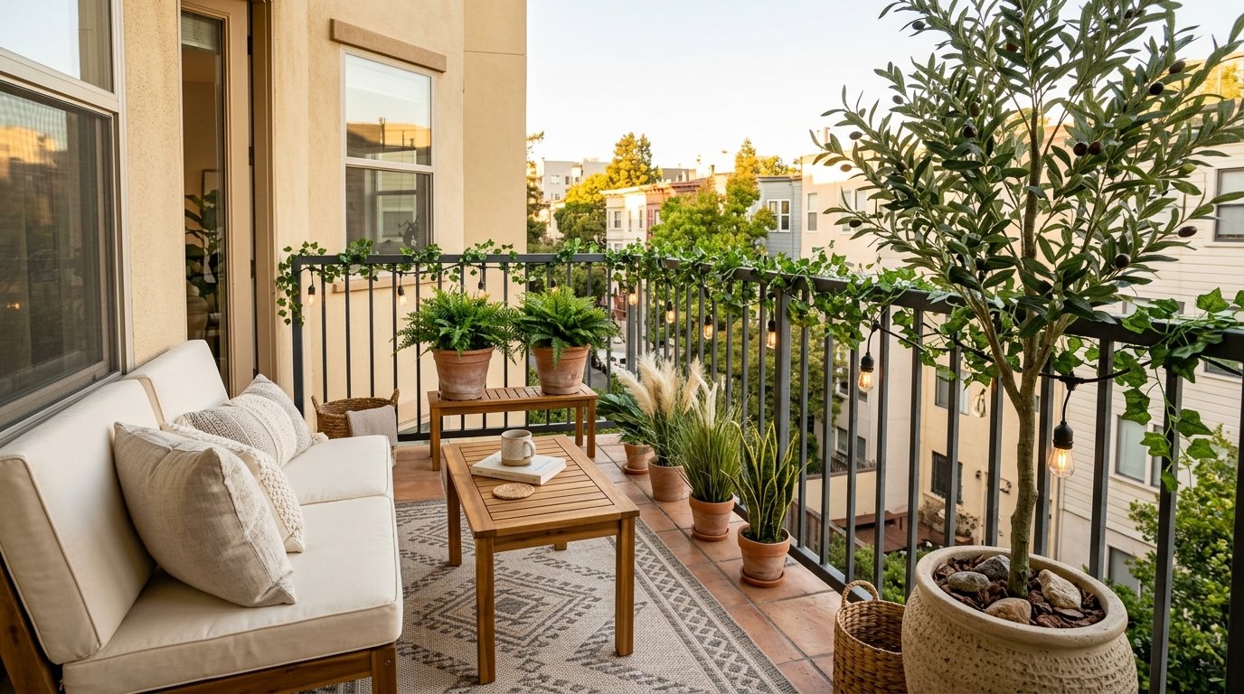 Low-maintenance balcony decorated with realistic artificial potted plants, faux olive tree, and railing ivy garland