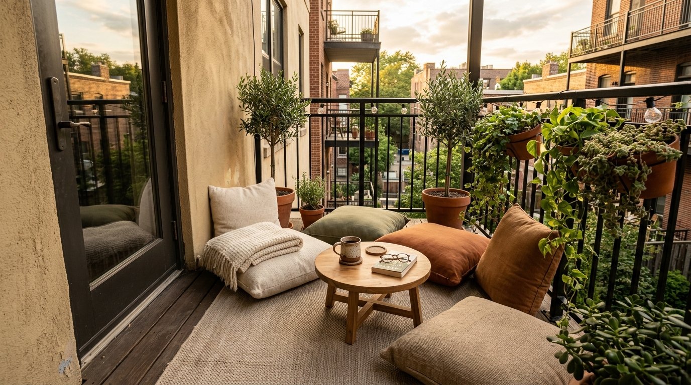 Apartment balcony floor seating area arranged with oversized weather-resistant cushions around a low wooden table