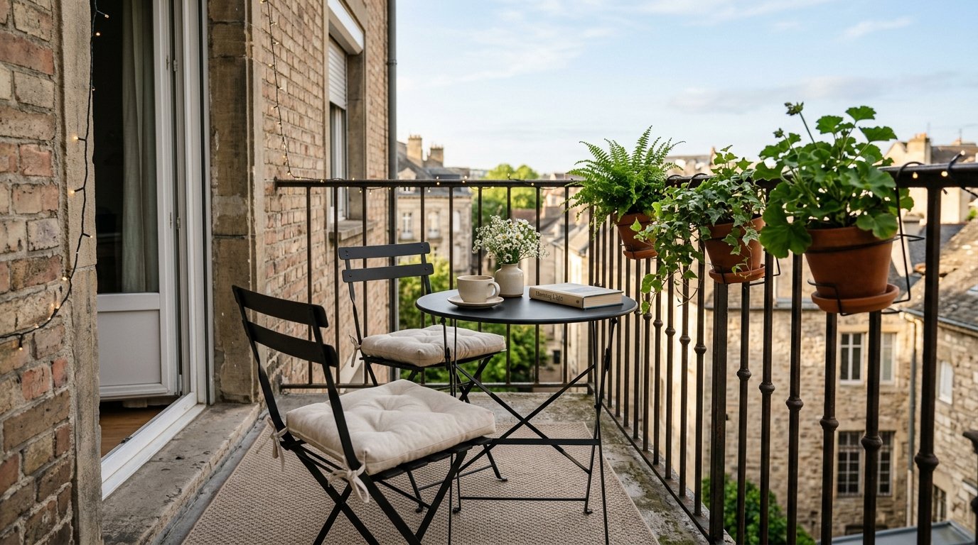 Compact round black metal bistro table with folding chairs and railing flower pots on an urban balcony