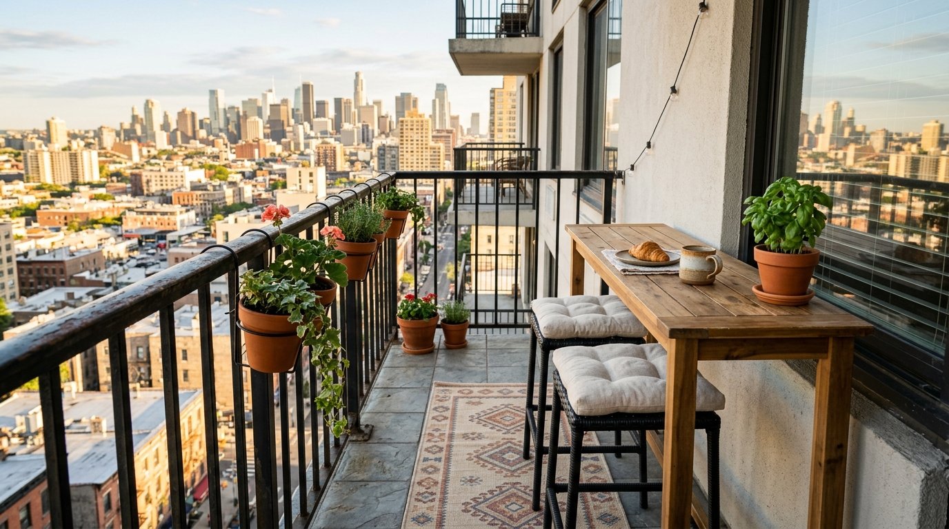 Slim wooden outdoor bar table with cushioned barstools positioned along a balcony railing facing the city skyline