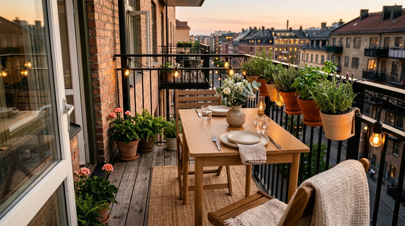 Cozy outdoor balcony dining setup featuring a slim wooden table set for two with ceramic dinnerware and railing planters