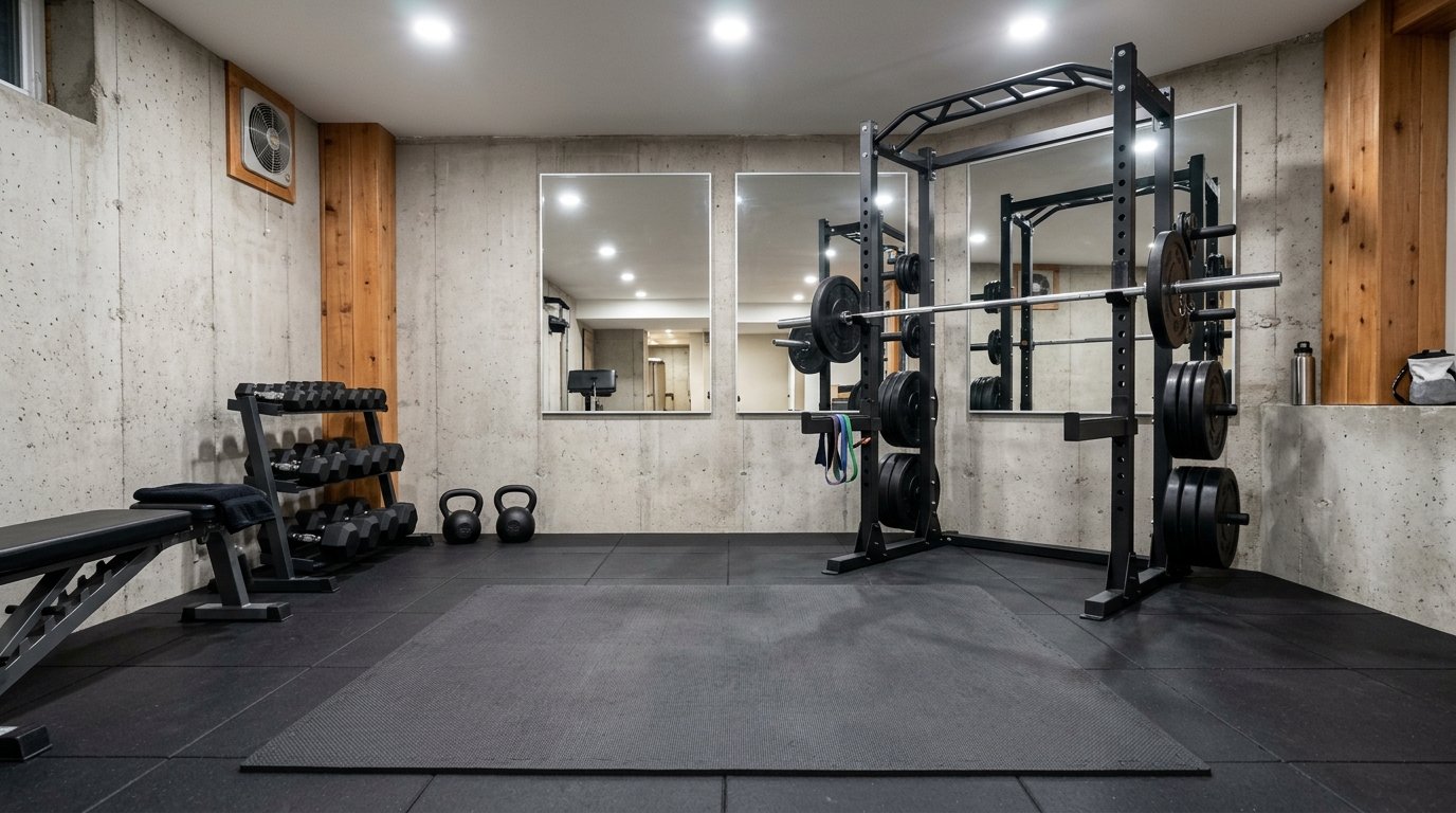 Compact basement gym setup with rubber gym flooring, squat half-rack, barbell weights, and wall mirrors