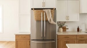 Stainless steel refrigerator styled with a large rectangular woven seagrass storage basket holding a neutral linen towel