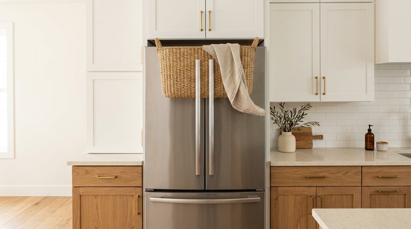 Stainless steel refrigerator styled with a large rectangular woven seagrass storage basket holding a neutral linen towel