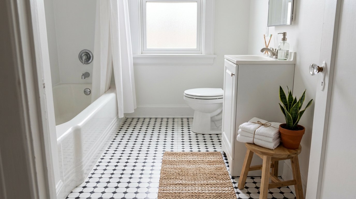 Rental bathroom updated with removable black and white geometric peel and stick floor tiles