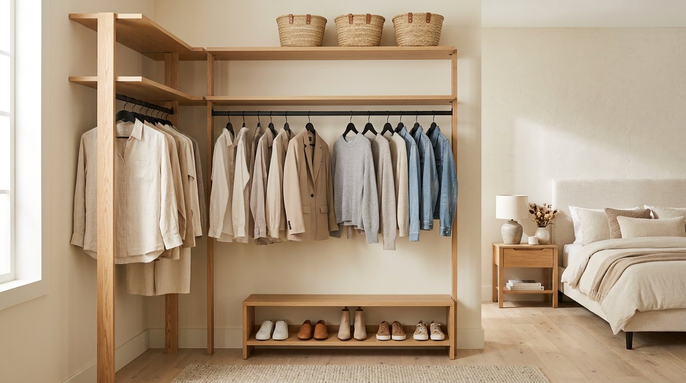 Open L-shaped corner closet system with black hanging rails and oak shelving in a minimalist bedroom