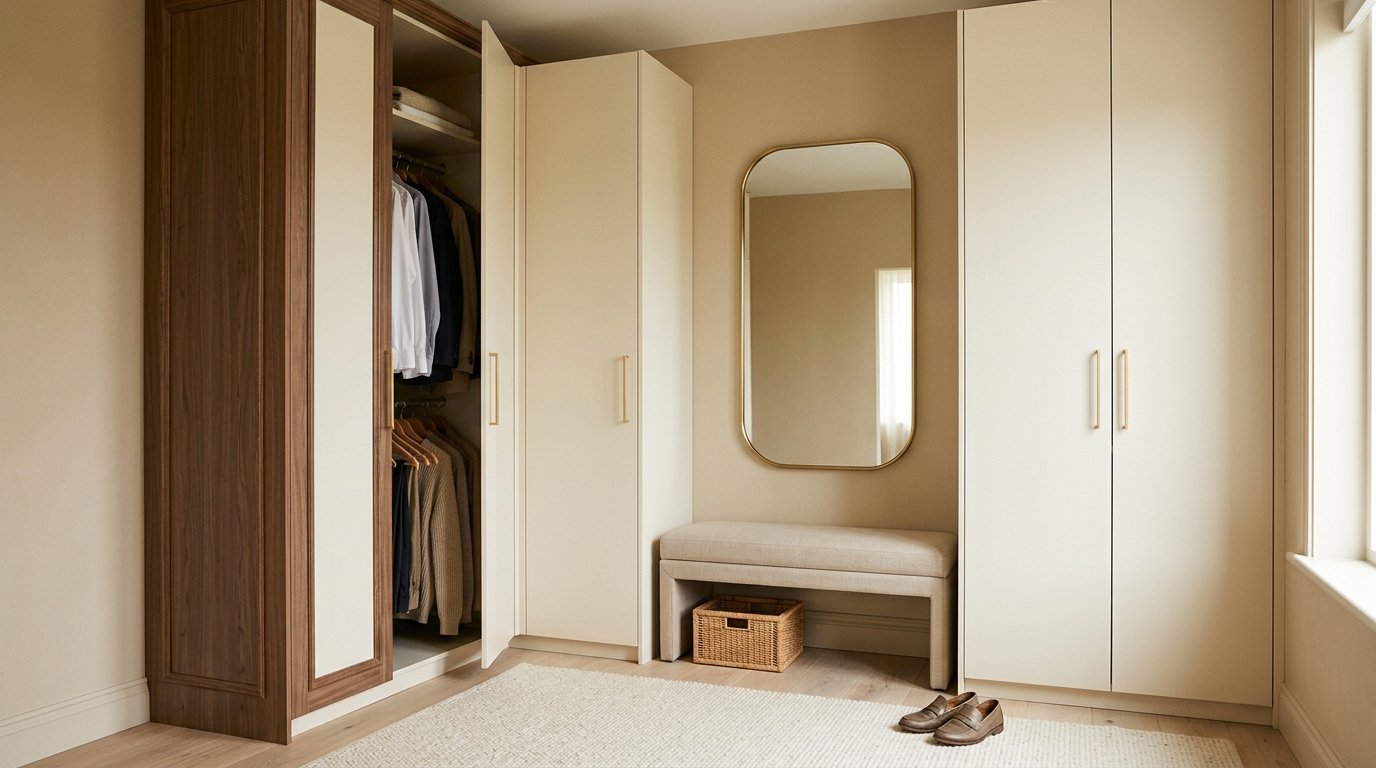 Cozy bedroom corner dressing nook with an upholstered bench and mirror between tall wardrobes