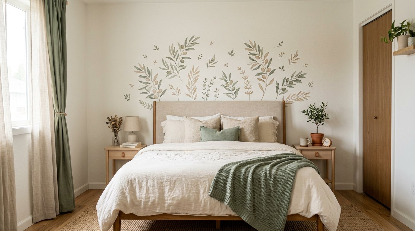Delicate sage green and beige botanical olive branch peel-and-stick wall decals arranged organically above a bed headboard