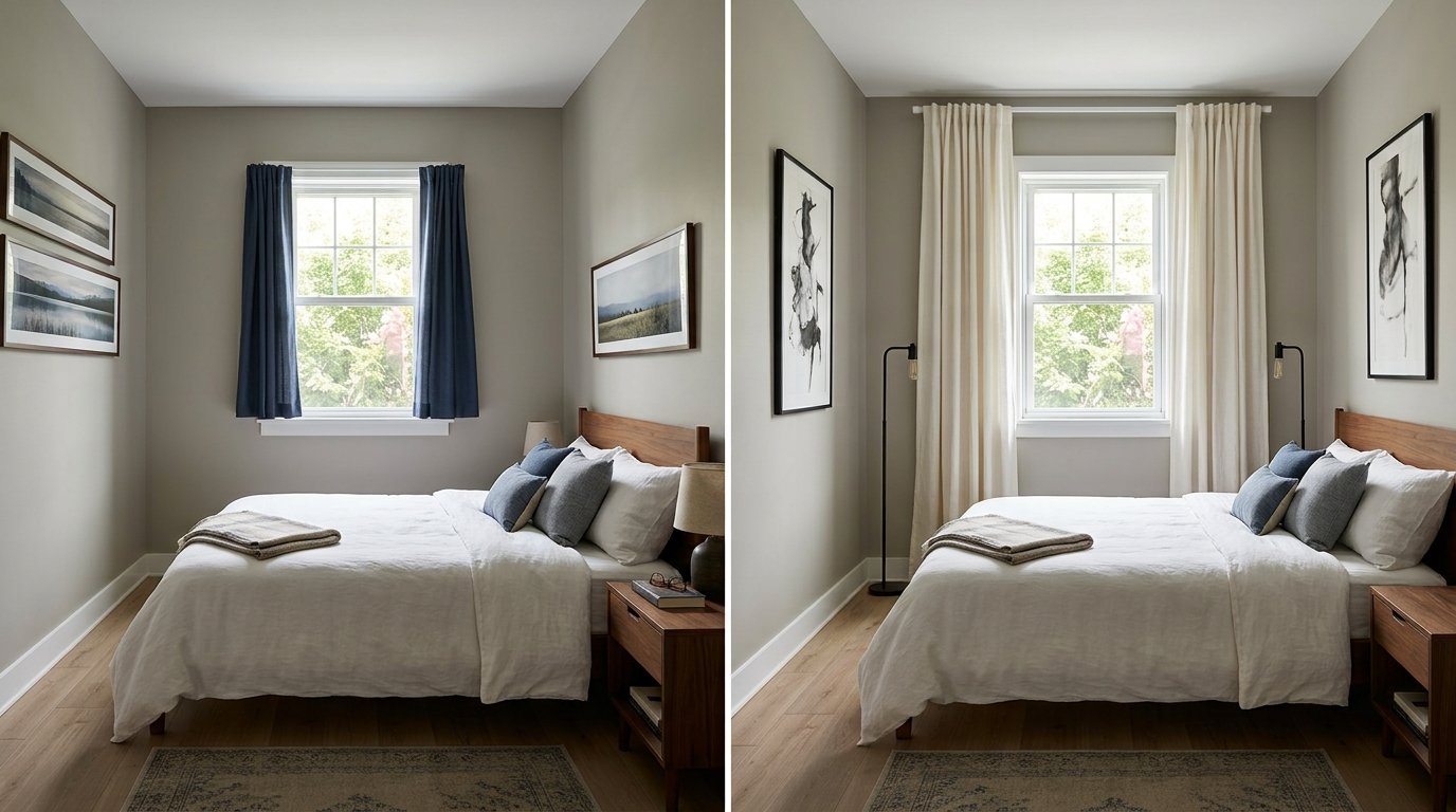 Before and after comparison of short windowsill curtains and low art updated with floor-to-ceiling drapes and vertical wall art to emphasize height