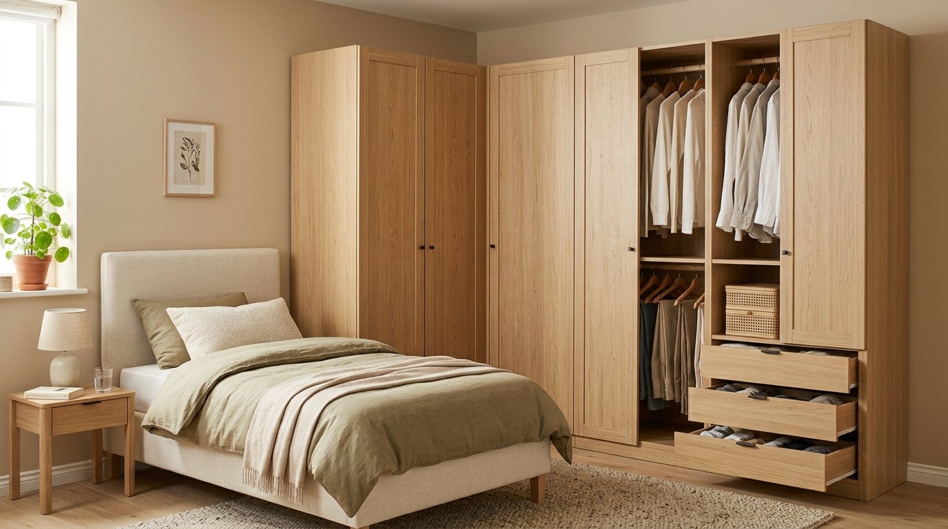 Freestanding light oak L-shaped corner wardrobe with clothing storage in a cozy bedroom