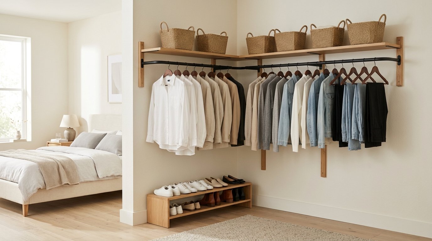Minimalist black metal corner clothing rail with wooden shelves and shoe storage