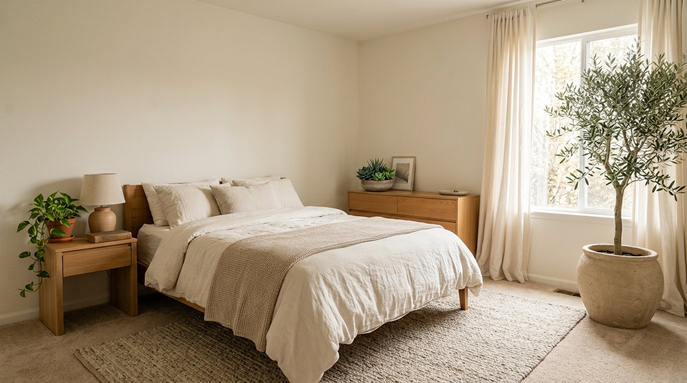 Large potted indoor olive tree and bedside trailing plants adding natural greenery to a neutral rental bedroom