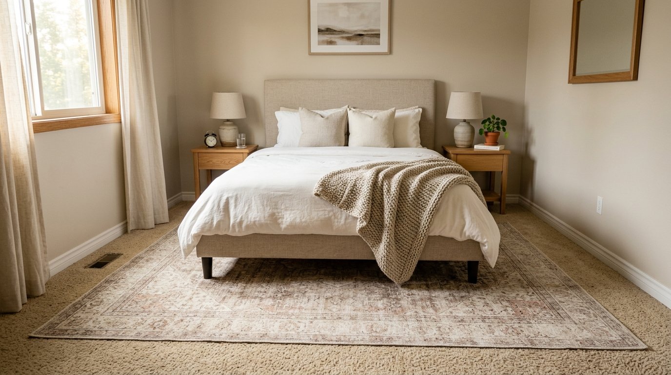 Large patterned neutral area rug placed over rental carpet under a queen bed to add warmth and texture