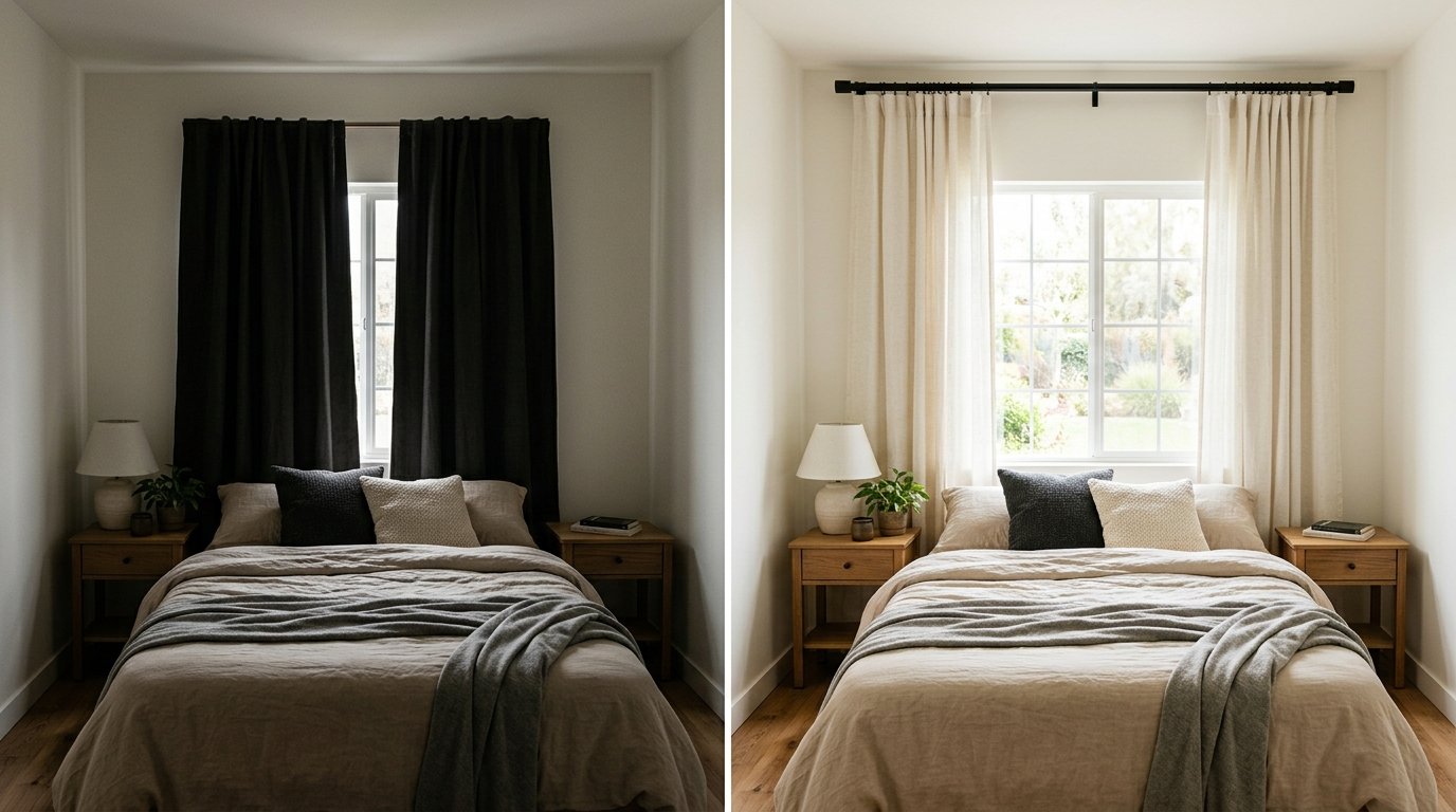 Before and after comparison of dark heavy blackout curtains replaced by wide-mounted airy ivory linen drapes that let in light