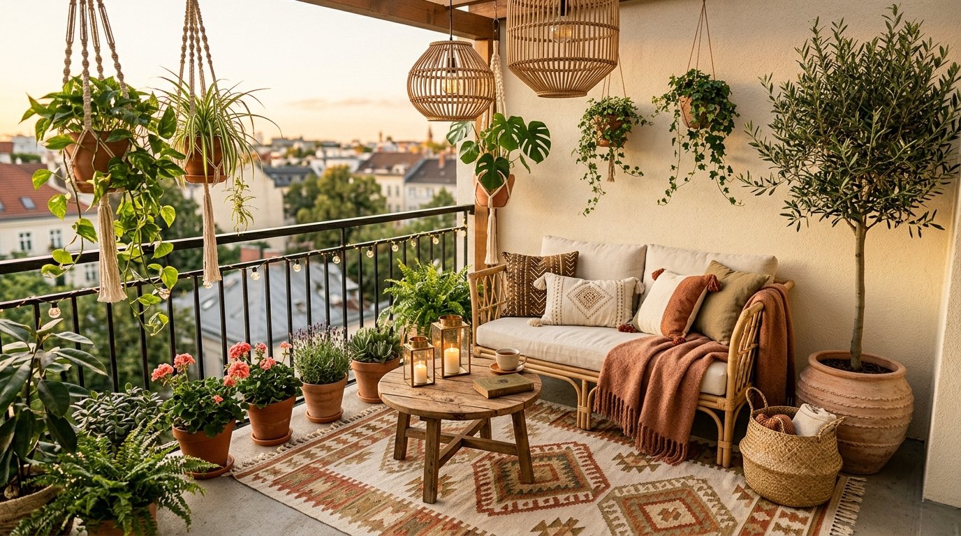 Boho-chic apartment balcony styled with a patterned rug, rattan loveseat, macrame plant hangers, and woven lanterns