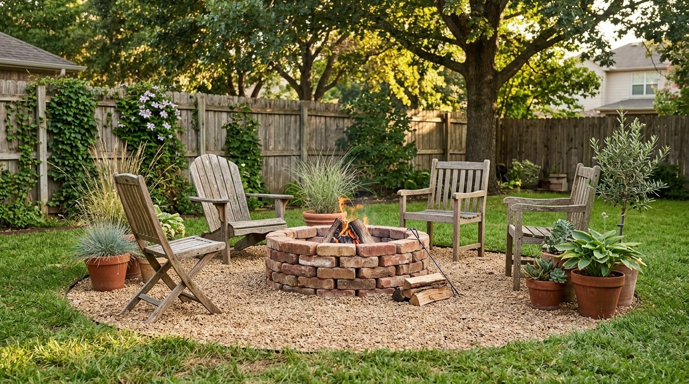 Budget-friendly circular fire pit constructed from reclaimed bricks set in pea gravel with wooden outdoor chairs