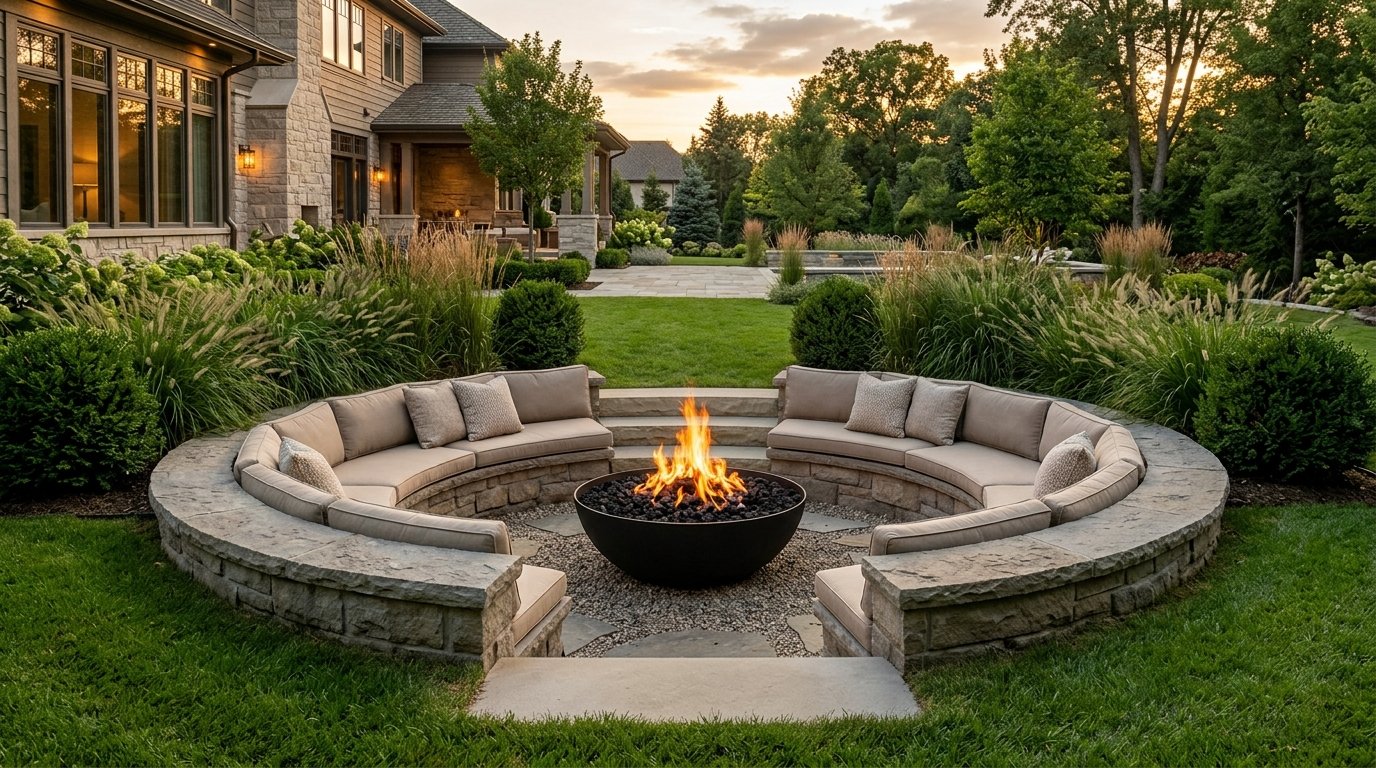 Sunken circular fire pit lounge area set below lawn level with curved stone retaining walls and built-in bench seating