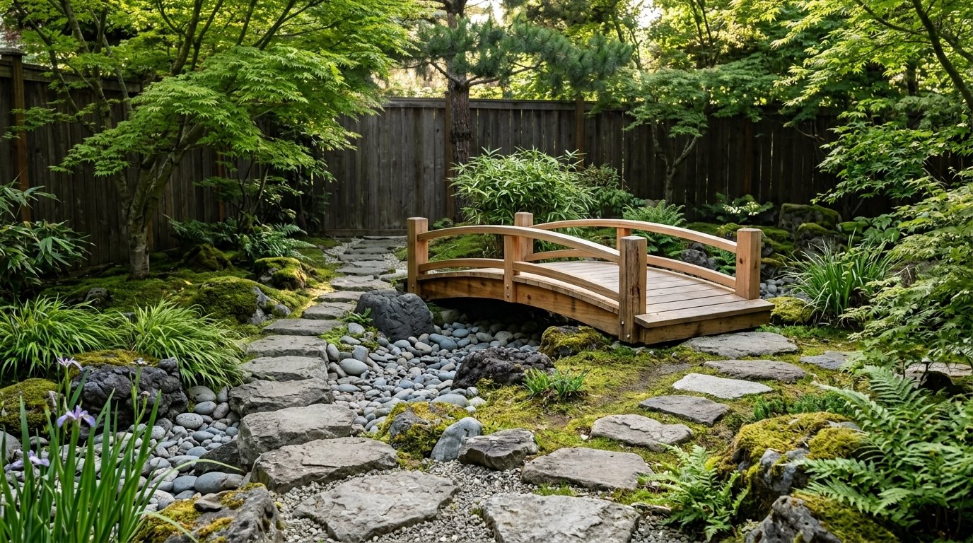 Gently arched natural cedar footbridge crossing over a dry stone riverbed bordered by lush moss and Japanese maples