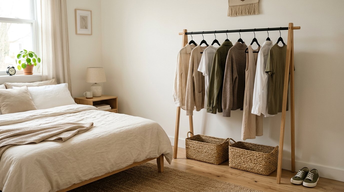 Freestanding wooden clothing rack displaying a curated neutral wardrobe with storage baskets below