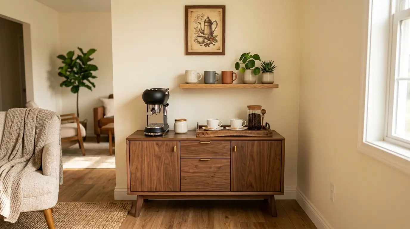 Elegant living room coffee station on a walnut sideboard with espresso machine, floating shelf, and mugs