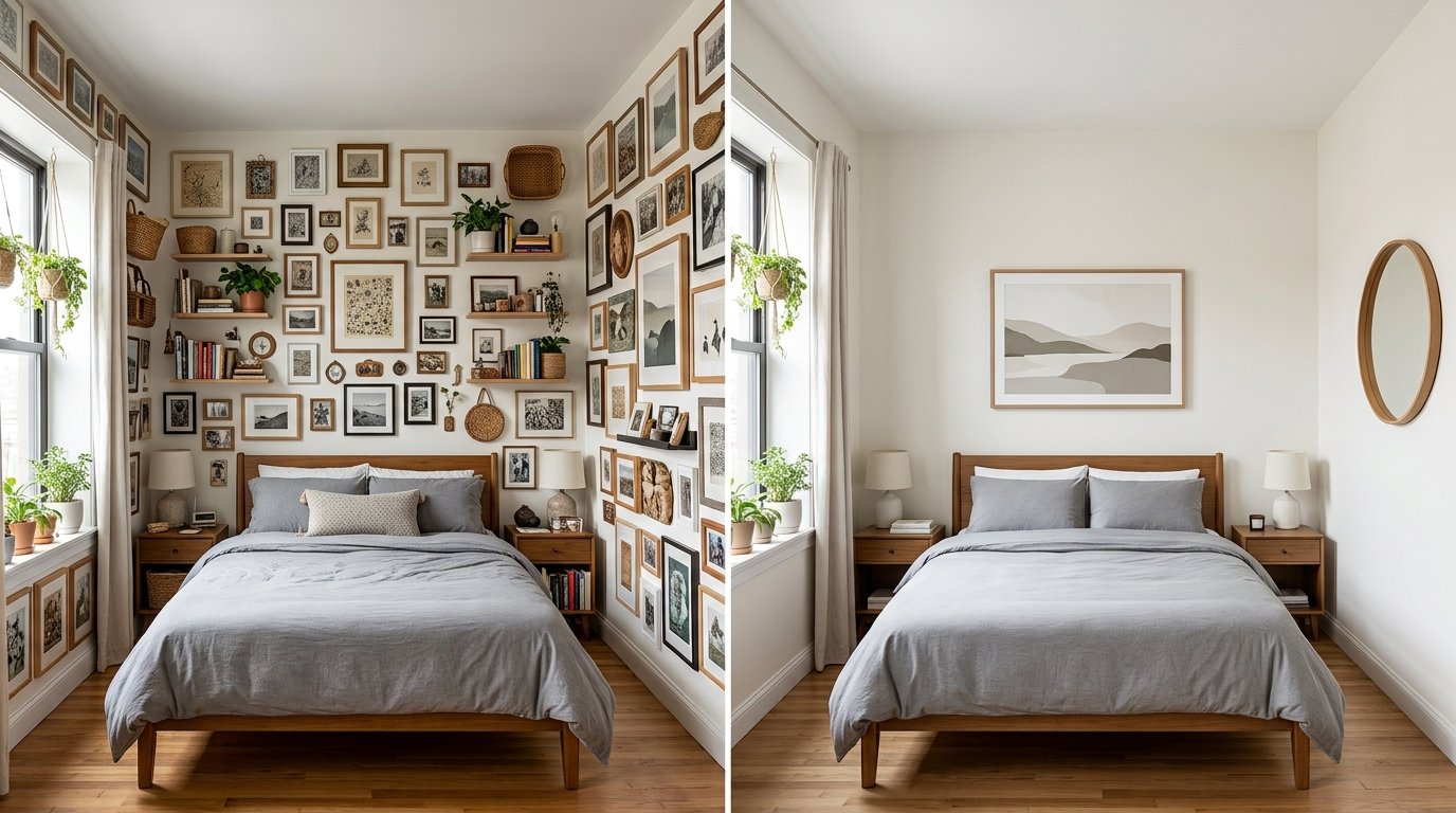 Before and after view of bedroom walls crowded with small picture frames compared to a simplified focal art piece with ample negative wall space