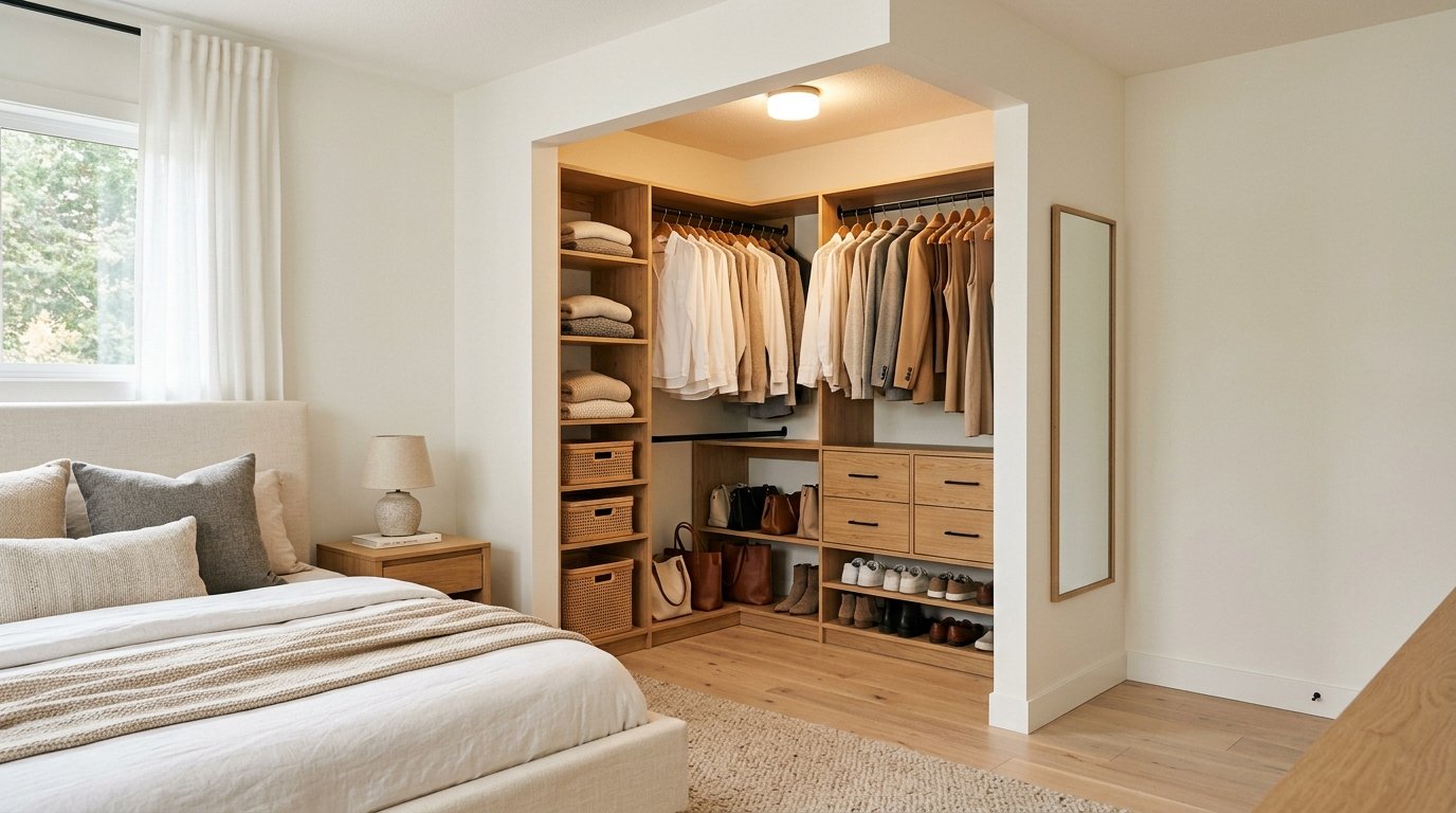 Mini walk-in corner closet behind a partial partition wall with custom oak interior storage