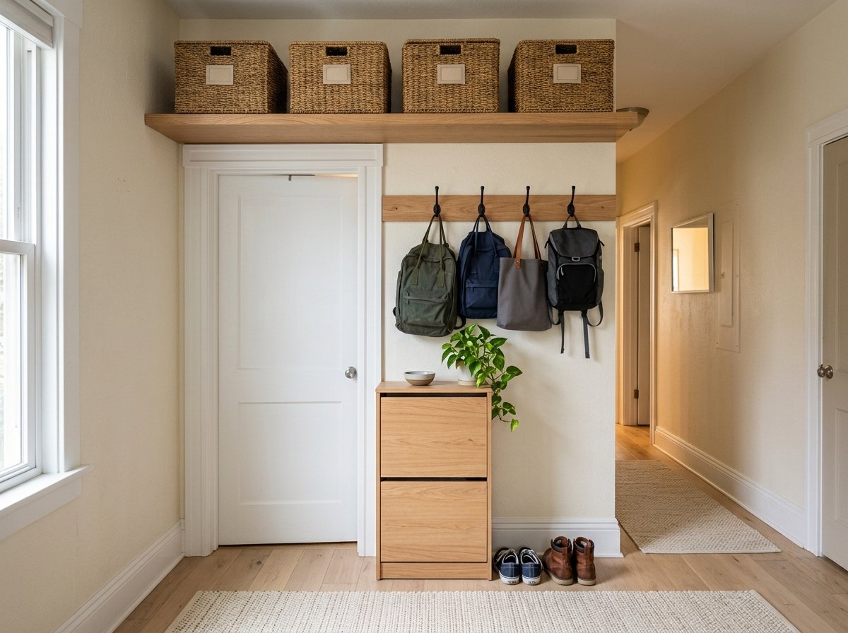 High overhead entryway storage shelf above the doorway holding woven baskets with backpack hooks and a shoe cabinet below