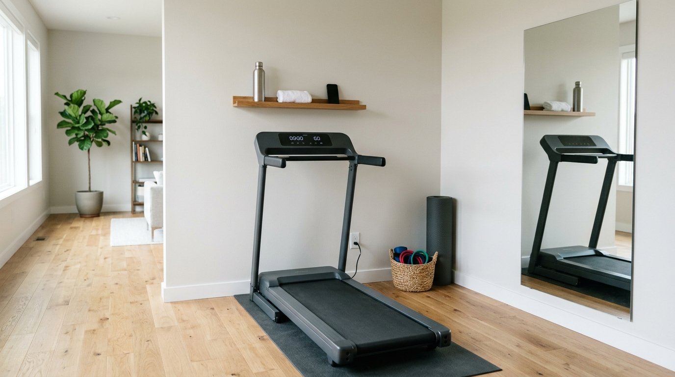 Dedicated home cardio workout corner featuring a sleek folding treadmill and full-length mirror