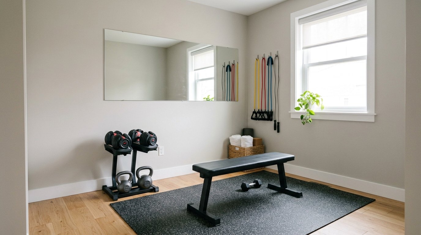 Space-saving home gym setup featuring an adjustable workout bench centered on a protective rubber mat