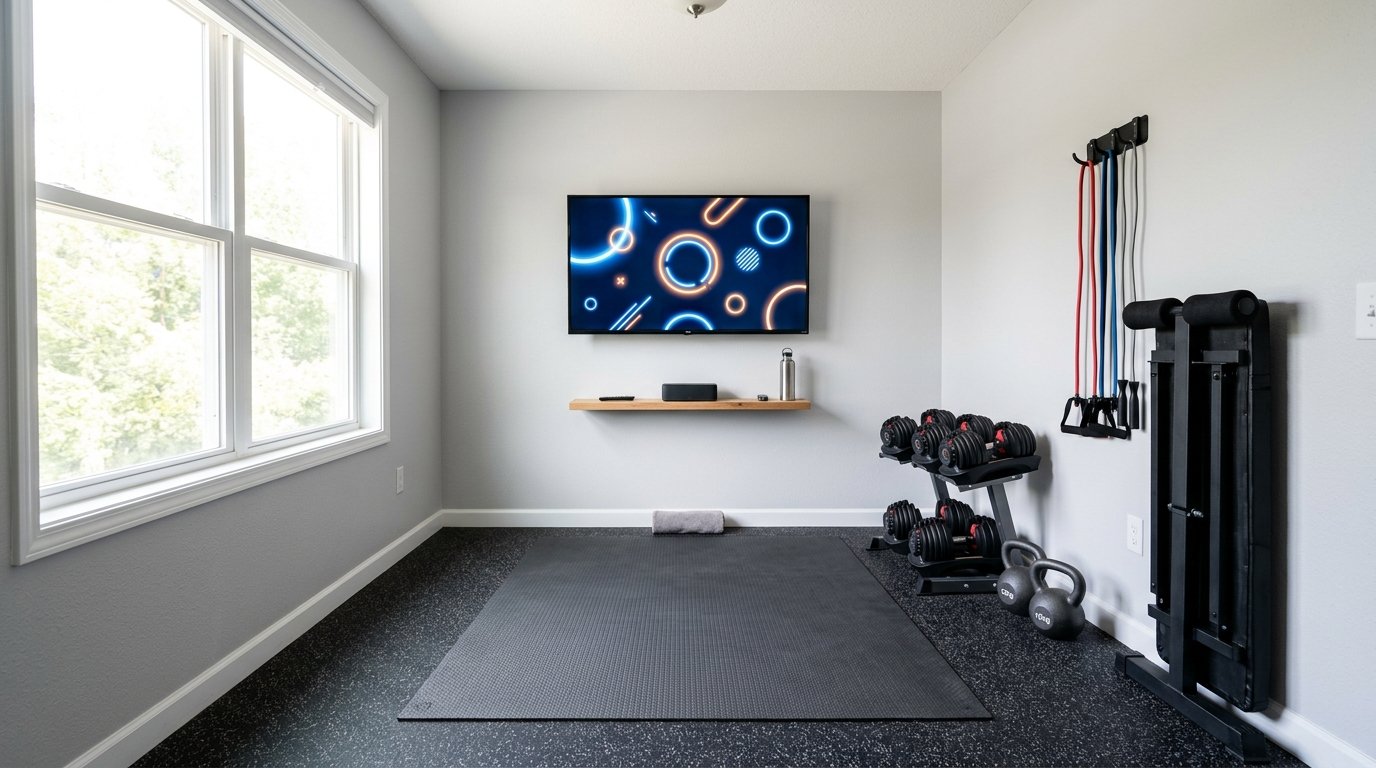 Compact home gym with a wall-mounted television for workout classes above a floating media shelf and exercise mat