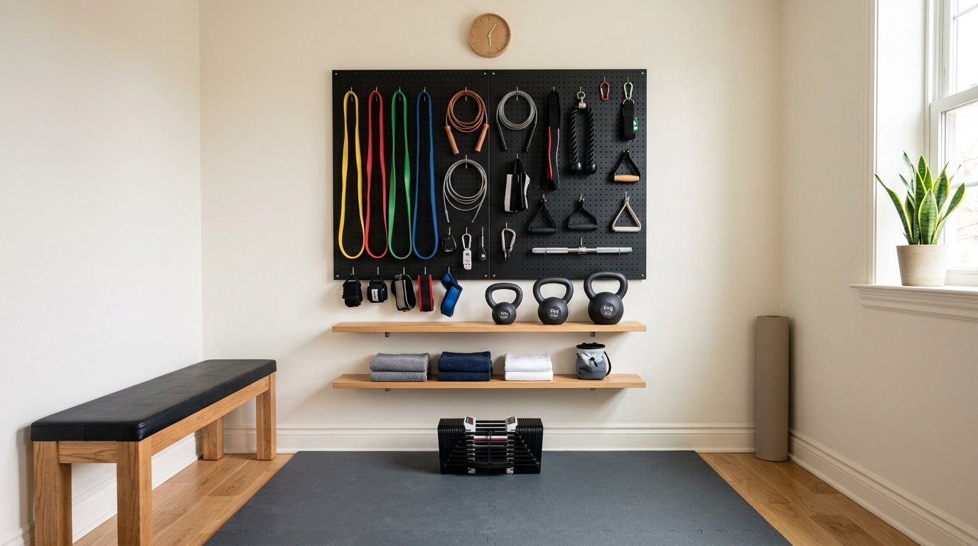 Wall-mounted black metal pegboard holding resistance bands, jump ropes, handles, and small gym accessories